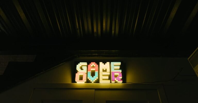 Glowing neon sign with pixelated Game Over text in a dark arcade setting.
