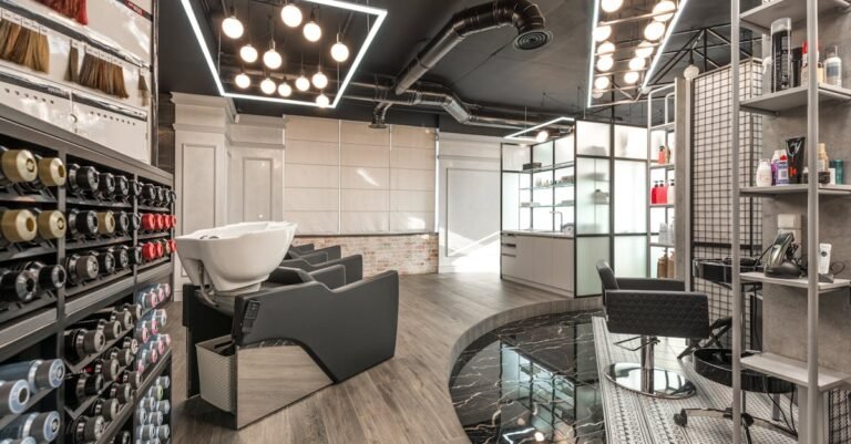 Stylish and spacious hair salon interior with contemporary design elements.