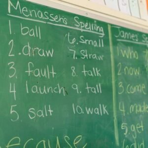 A classroom chalkboard featuring spelling lists and handwriting, ideal for education-themed content.