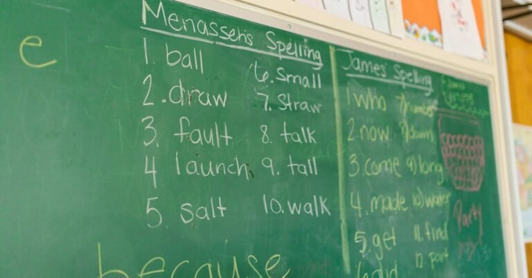 A classroom chalkboard featuring spelling lists and handwriting, ideal for education-themed content.